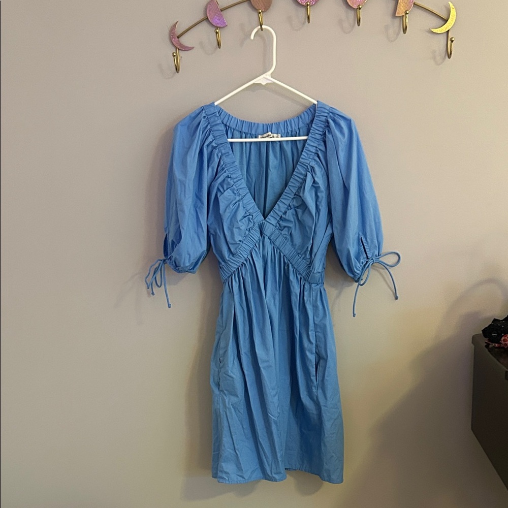 Abercrombie & Fitch Sky Blue Ruffle V-Neck Puff Sleeve Mini Dress